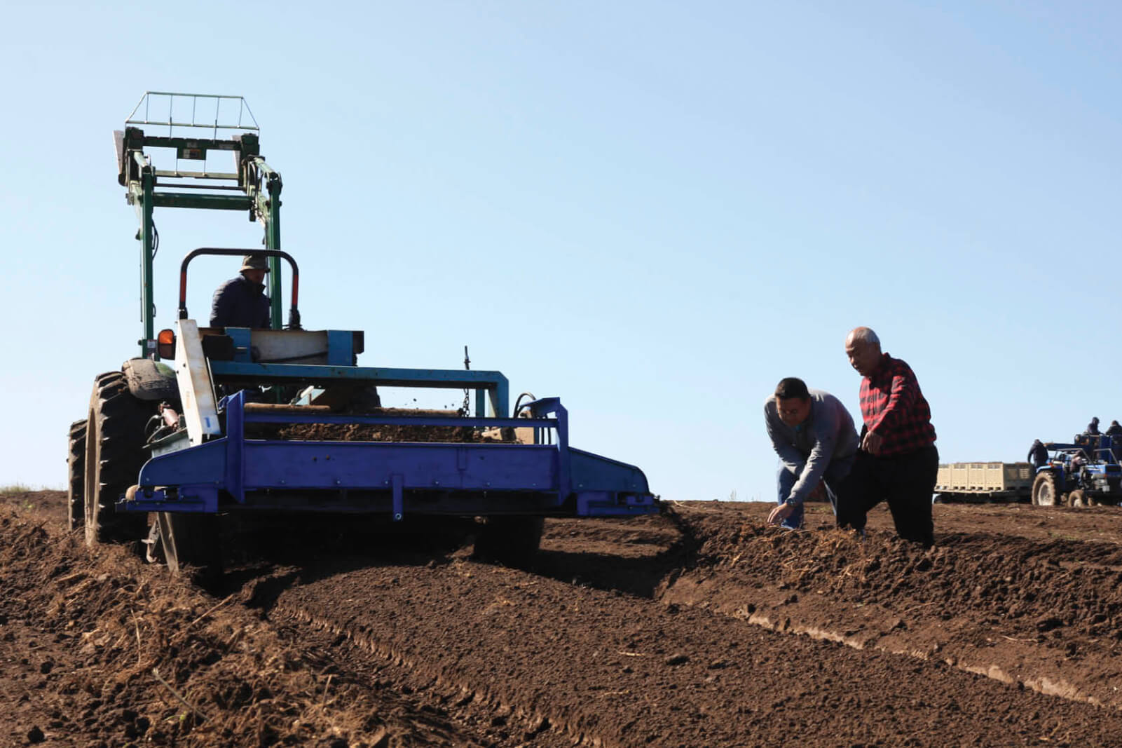 Photo of mechanical harvesters in a dirt-covered field