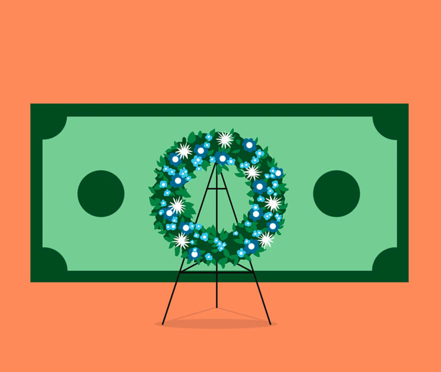 Illustration of a large dollar bill with a funeral wreath in the center.
