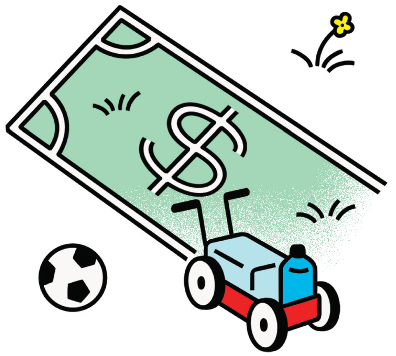 Illustration of a paper money bill with a soccer ball and a red wagon in the foreground