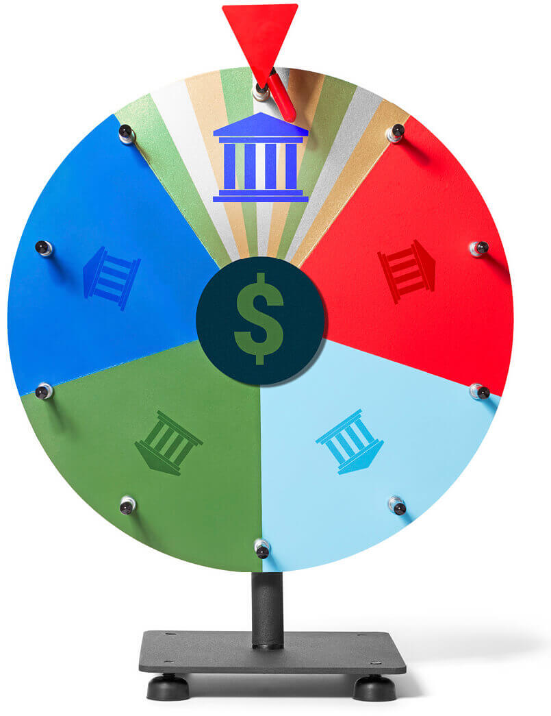 Photo illustration of a gaming spinning wheel sectioned off into 5 different banks