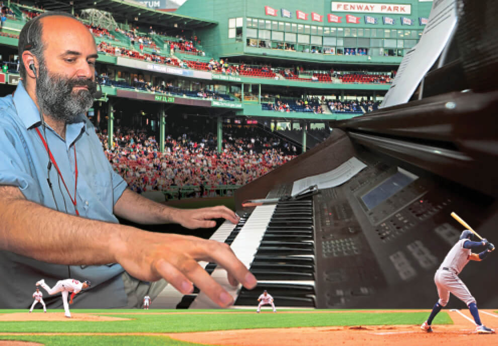 Photo collage of Josh Kantor playing the organ at Fenway Park baseball stadium.