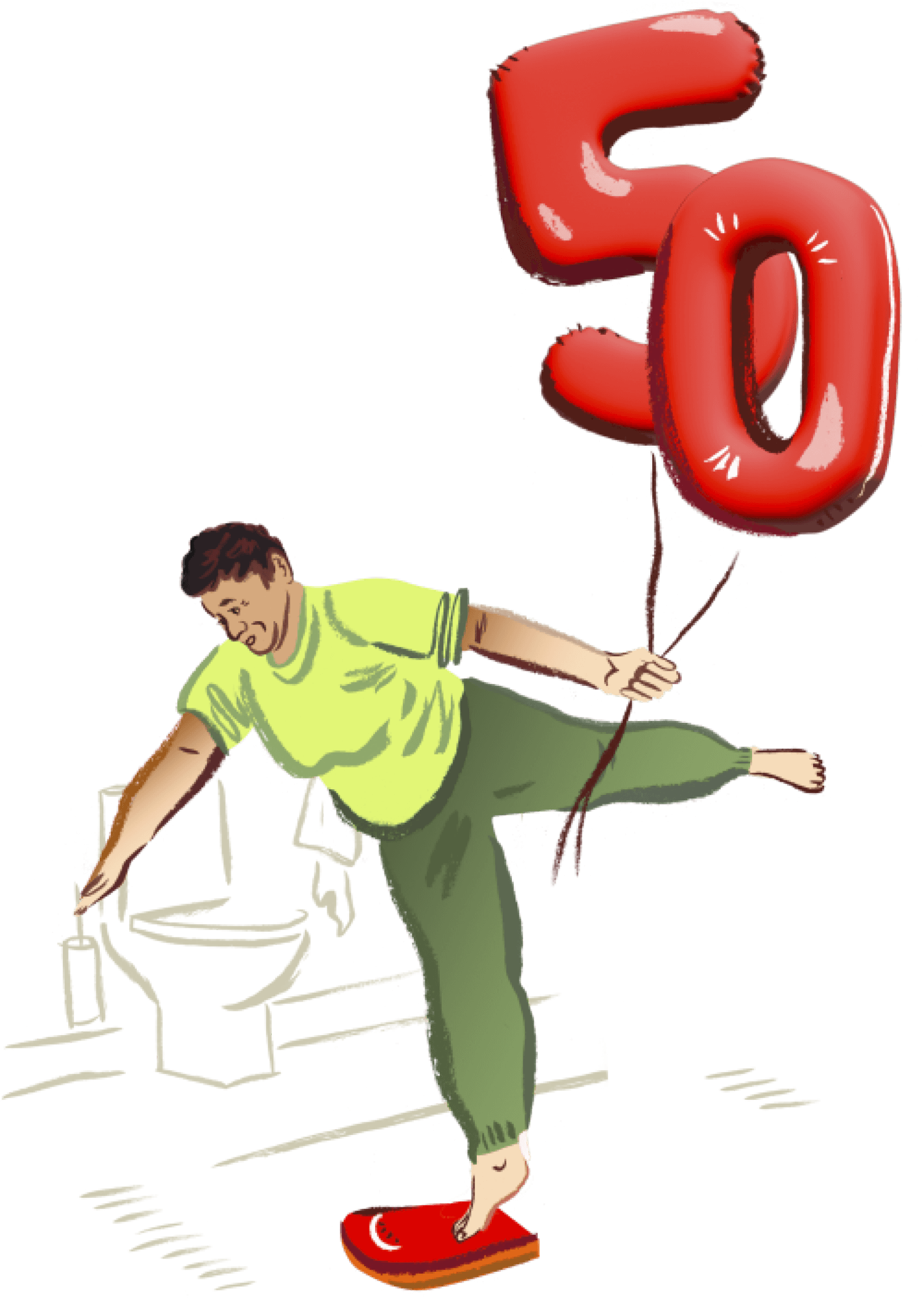 Illustration of a person balancing with one foot on a weight scale while holding 2 red number balloons that spell 50