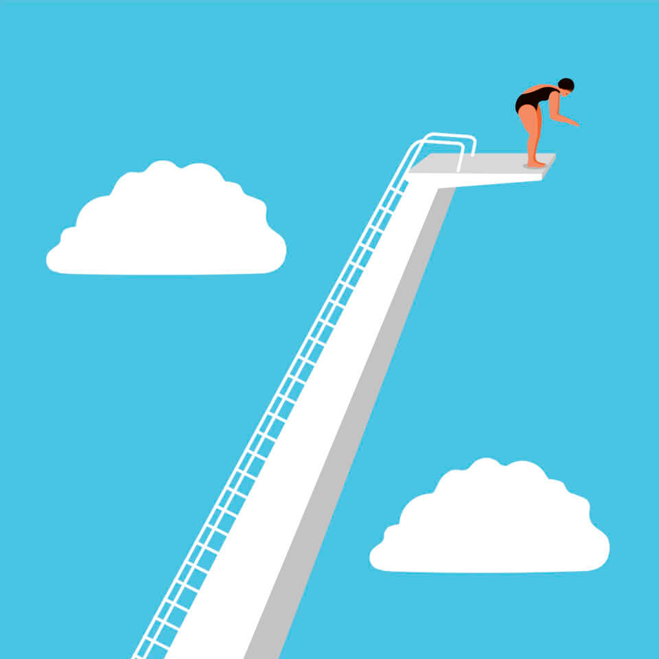 Illustration of a woman standing on a diving board, with a cloud above and below the stairs to create the illusion of a percentage sign.