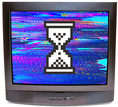 Photo illustration of a bitmapped hourglass on an old TV screen filled with bright blue, purple and pink static