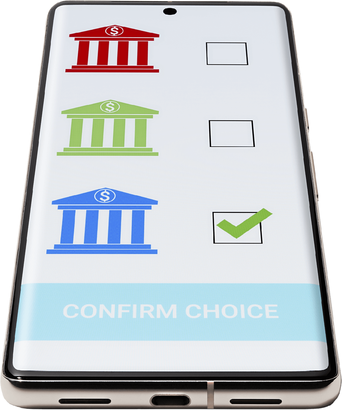 Photo illustration of a smartphone screen showing 3 different colored bank icons