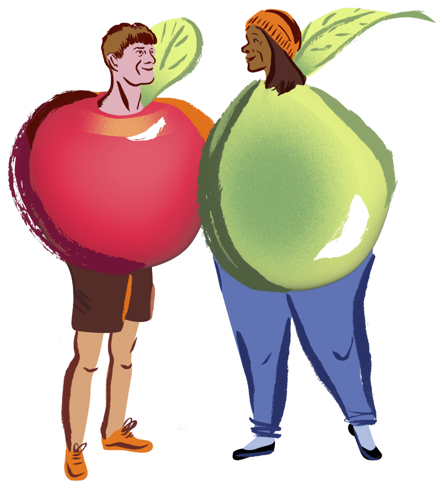 Illustration of a man with an apple as a body standing next to a woman with a pear as a body