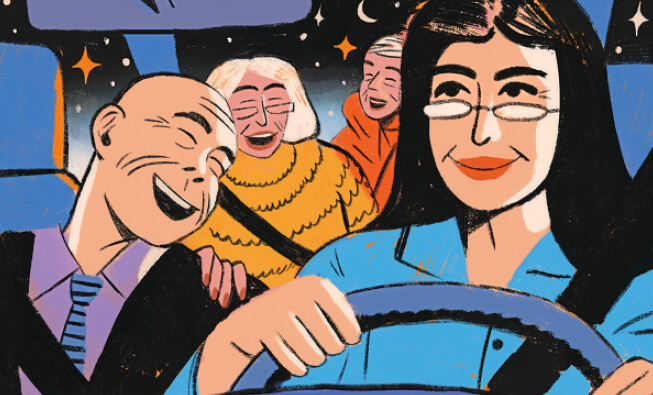 Illustration of a happy group of people traveling together in a car