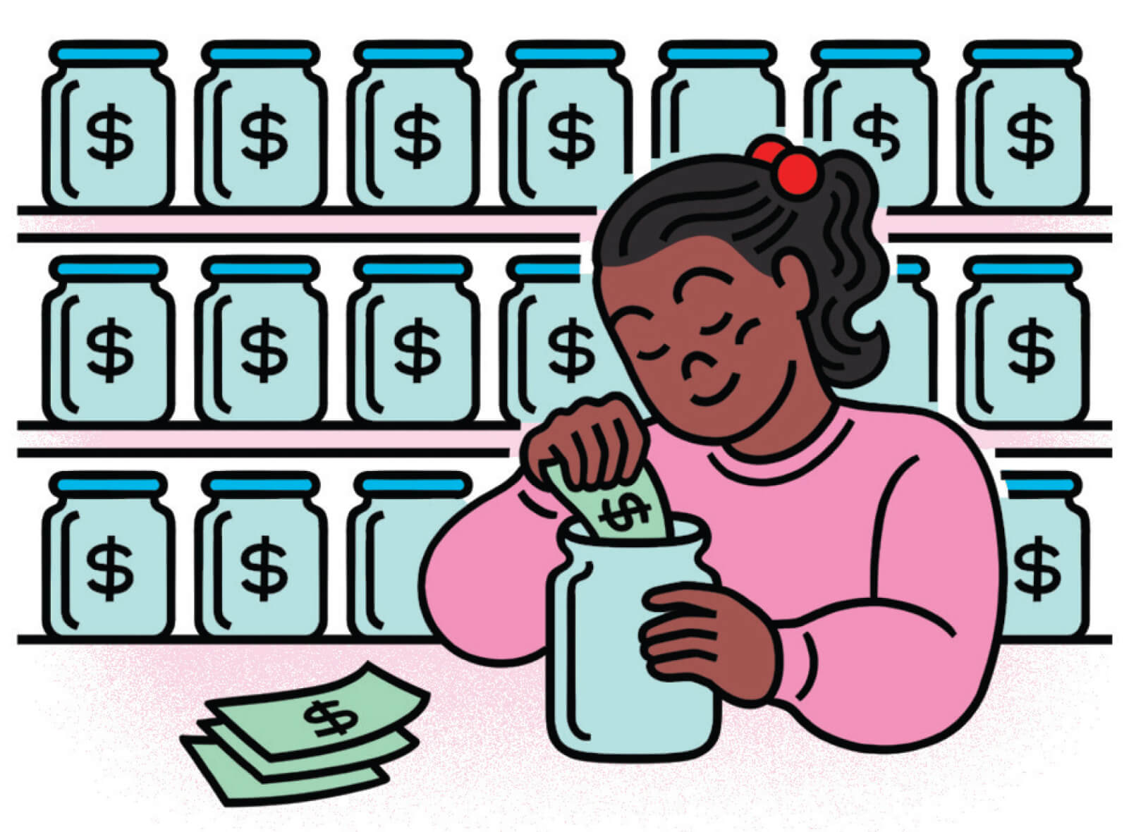 Illustration of a woman putting paper money in a jar with a wall of money jars behind her