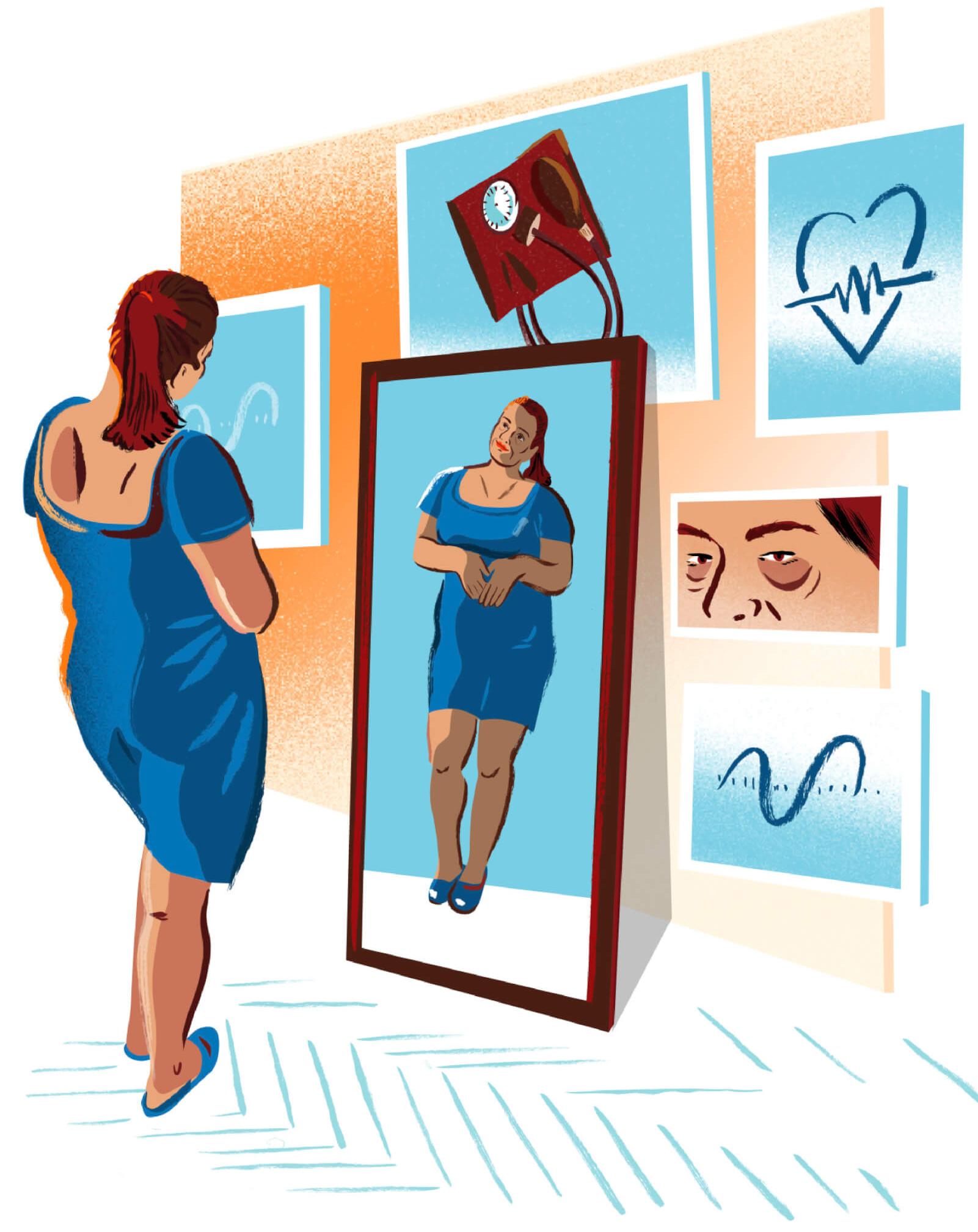 Illustration of a woman looking at herself in a full-length mirror