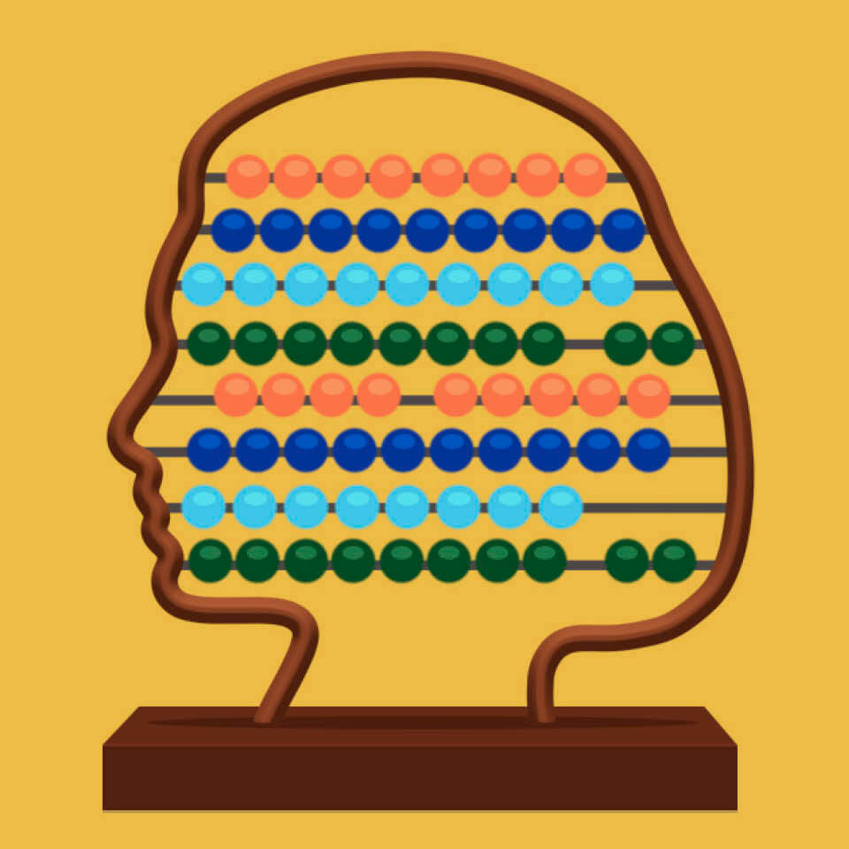 Illustration of an abacus in the shape of the profile of a woman's face, with different colored counting beads.