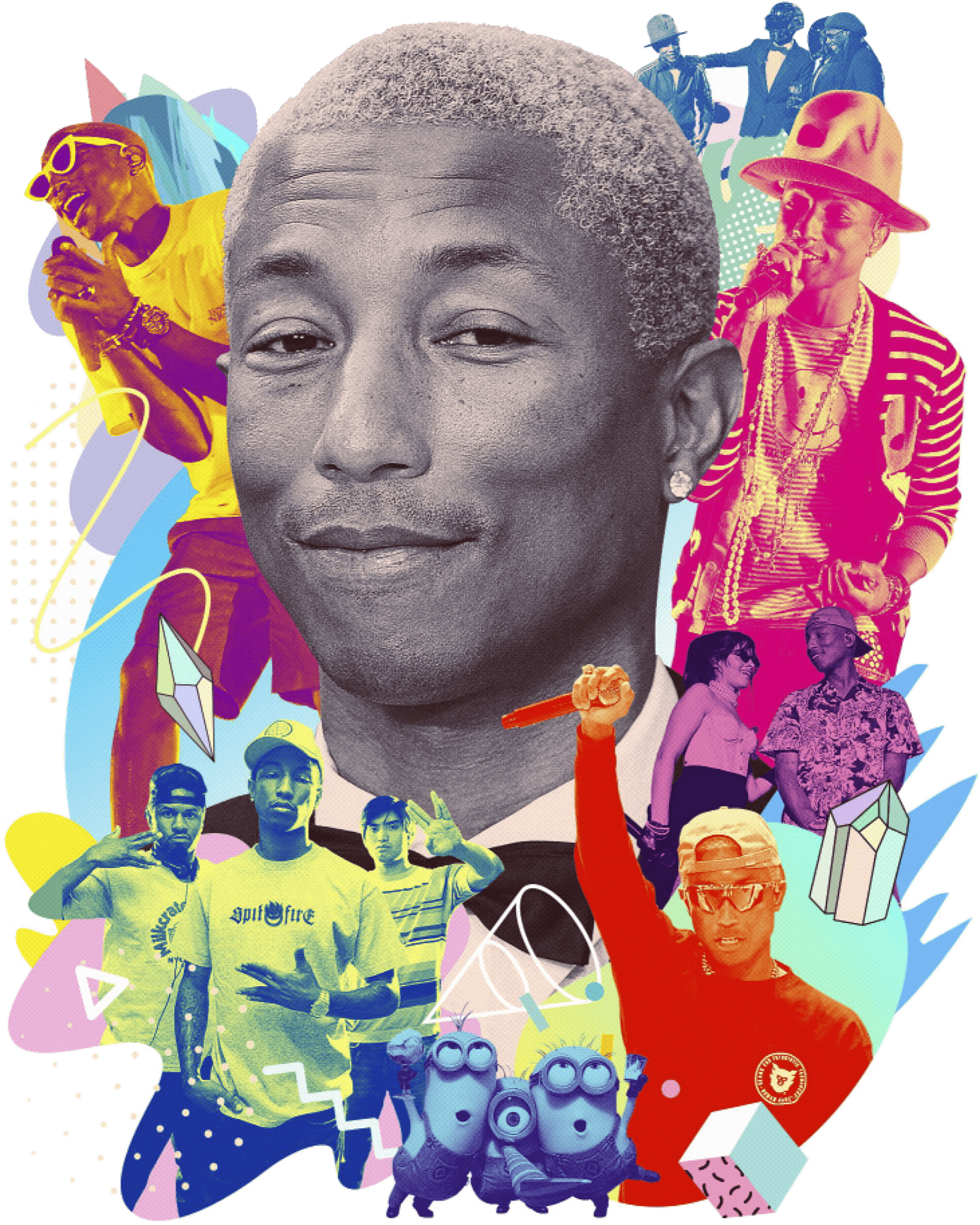 Photo collage of Pharrell Williams.