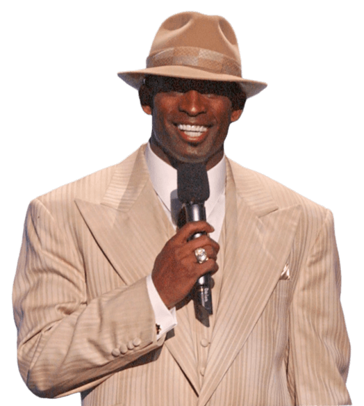 Photo of Deion Sanders smiling and holding a microphone