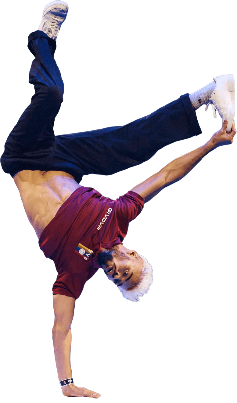 Photo of a break dancer with legs up, holding one foot with his right hand with his left hand on the ground