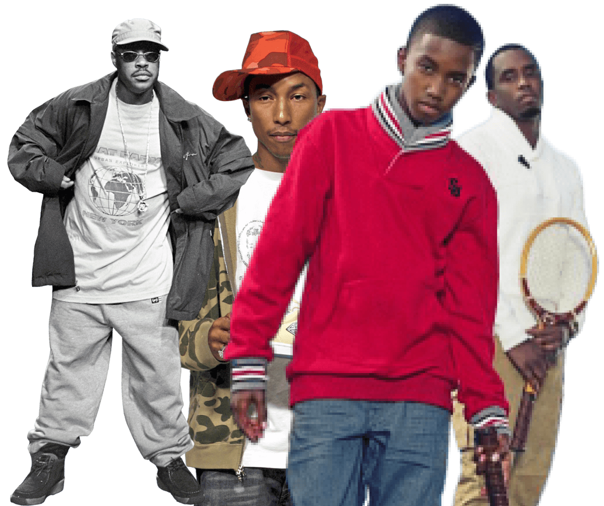 Overlapping silhouetted photos of Phat Farm, Billionare Boys Club and Sean John
