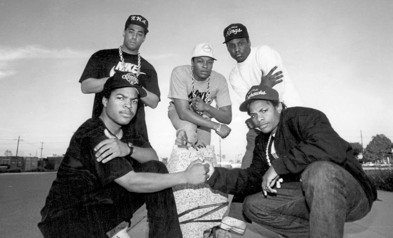 Black and white photo of the hip-hop group N.W.A.