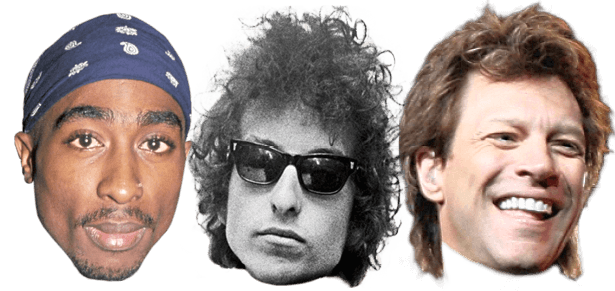 Side-by-side headshots of Tupac Shakur, Bob Dylan and Bon Jovi