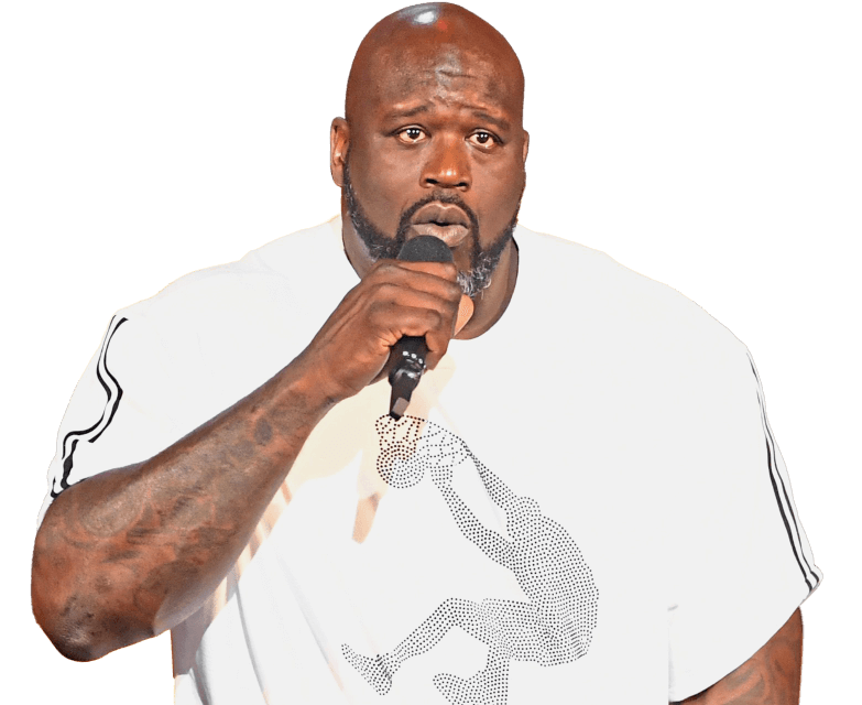 Photo of Shaquille O’Neal singing into a microphone