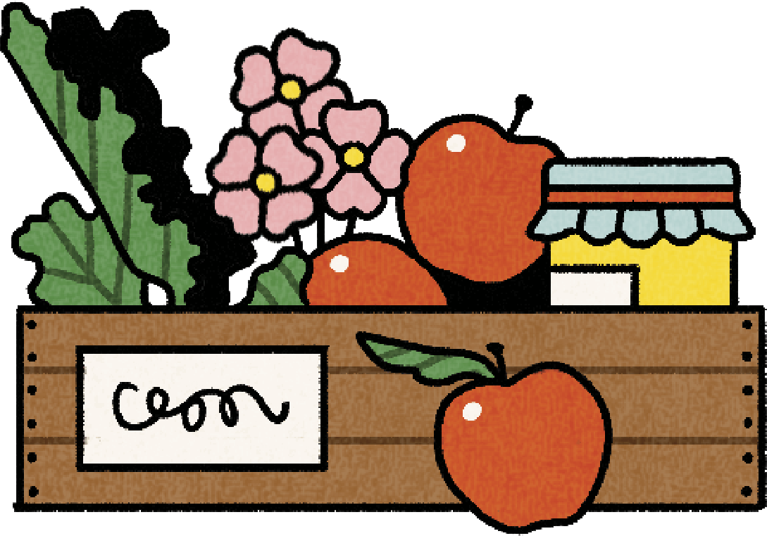 Illustration of a wooden box full of farmer's market produce