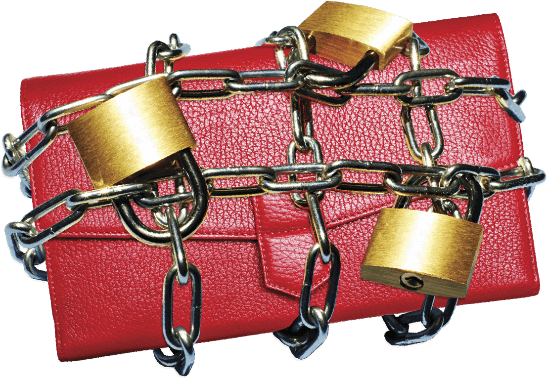 Photo of a red pocketbook protected with metal chains and padlocks