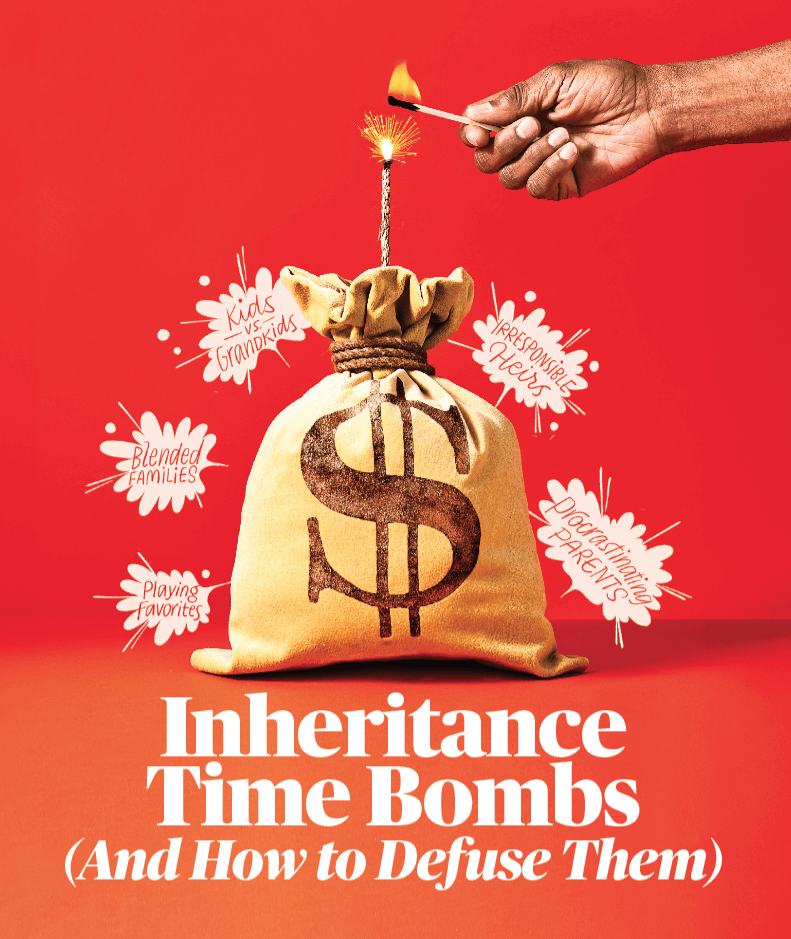 Headline photo graphic that shows a bag of money with a lit fuse at the top. The main headline says INHERITANCE TIME BOMBS AND HOW TO DEFUSE THEM