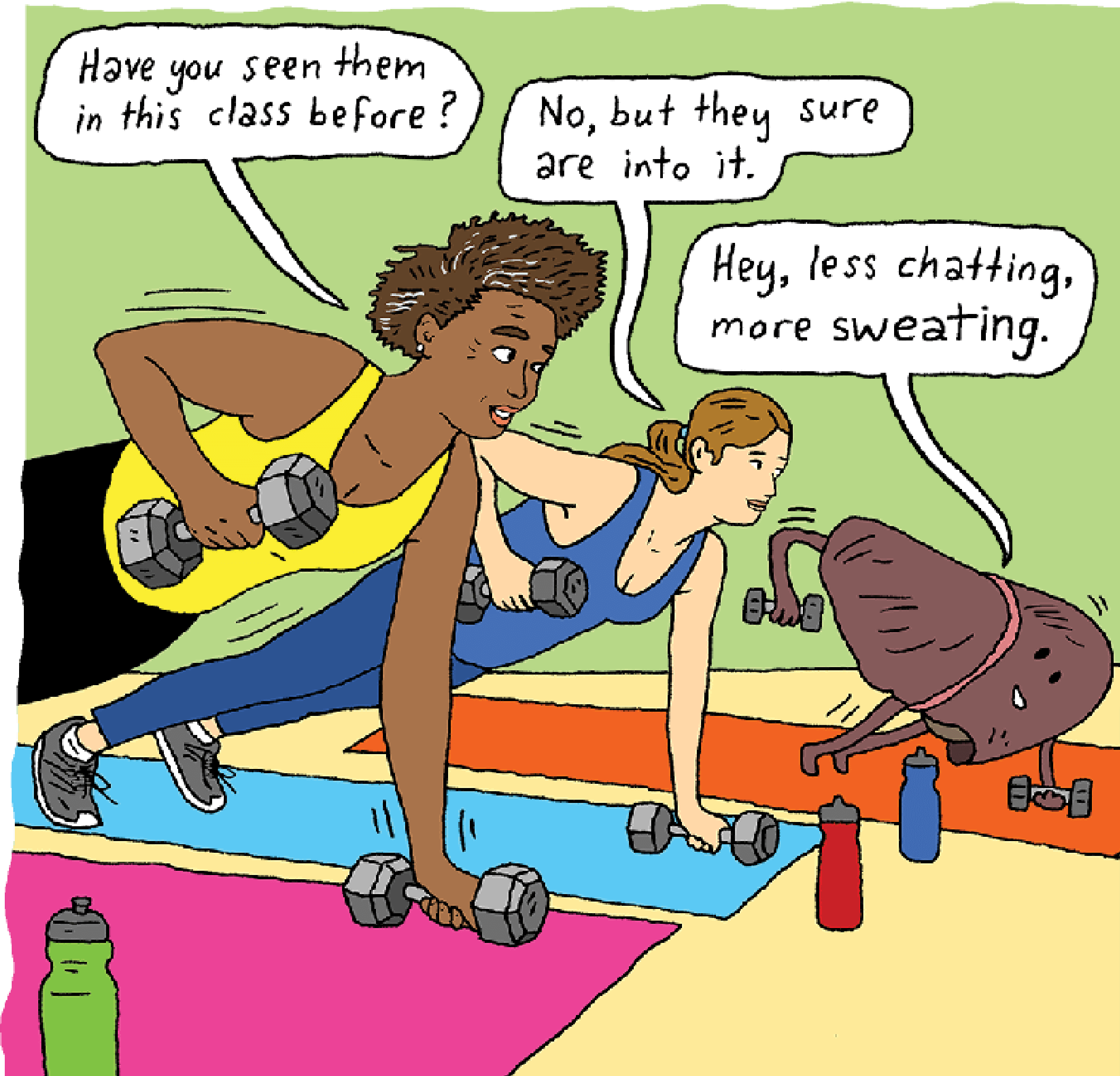 Humorous illustration of two women exercising with dumbbells in an exercise class