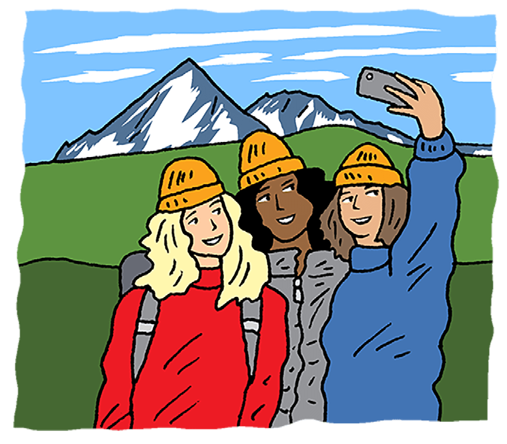 Illustration of 3 women taking a selfie as they stand in front of a mountainous background