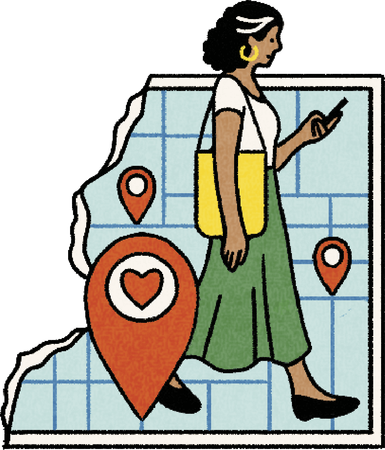 Illustration of a woman traveler using her smartphone to find a good local restaurant while she walks