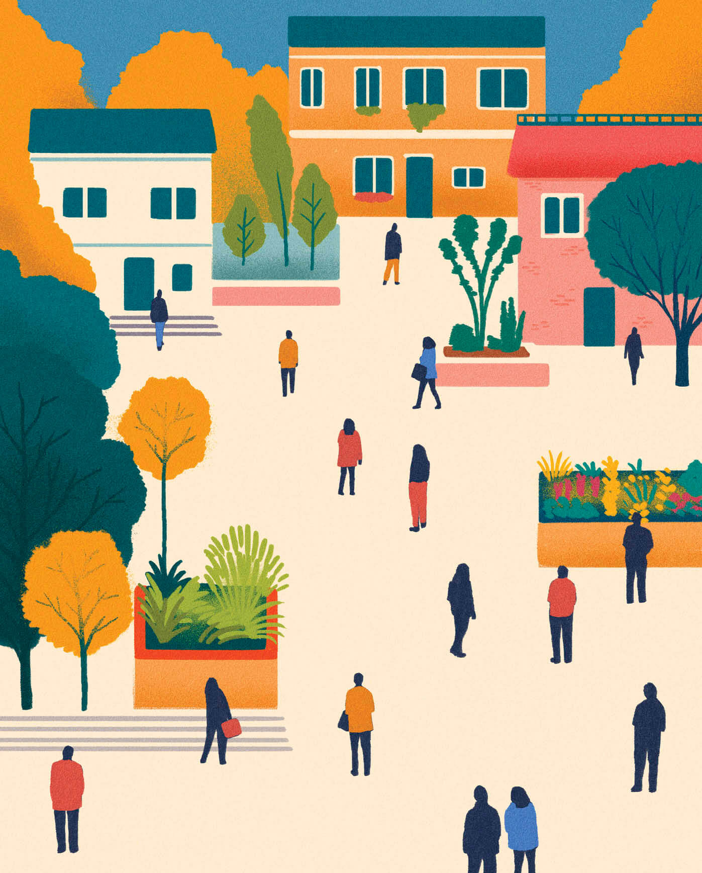 Illustration of people walking in a neighborhood