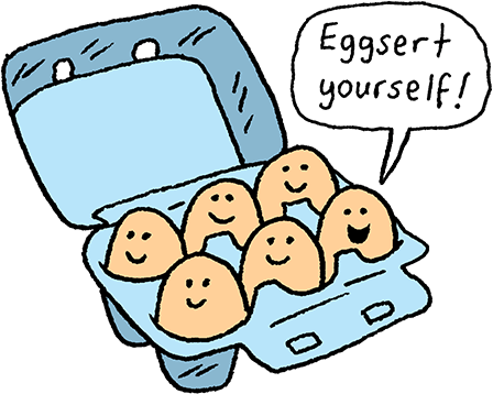 Humorous spot illustration of a half dozen eggs in an egg carton