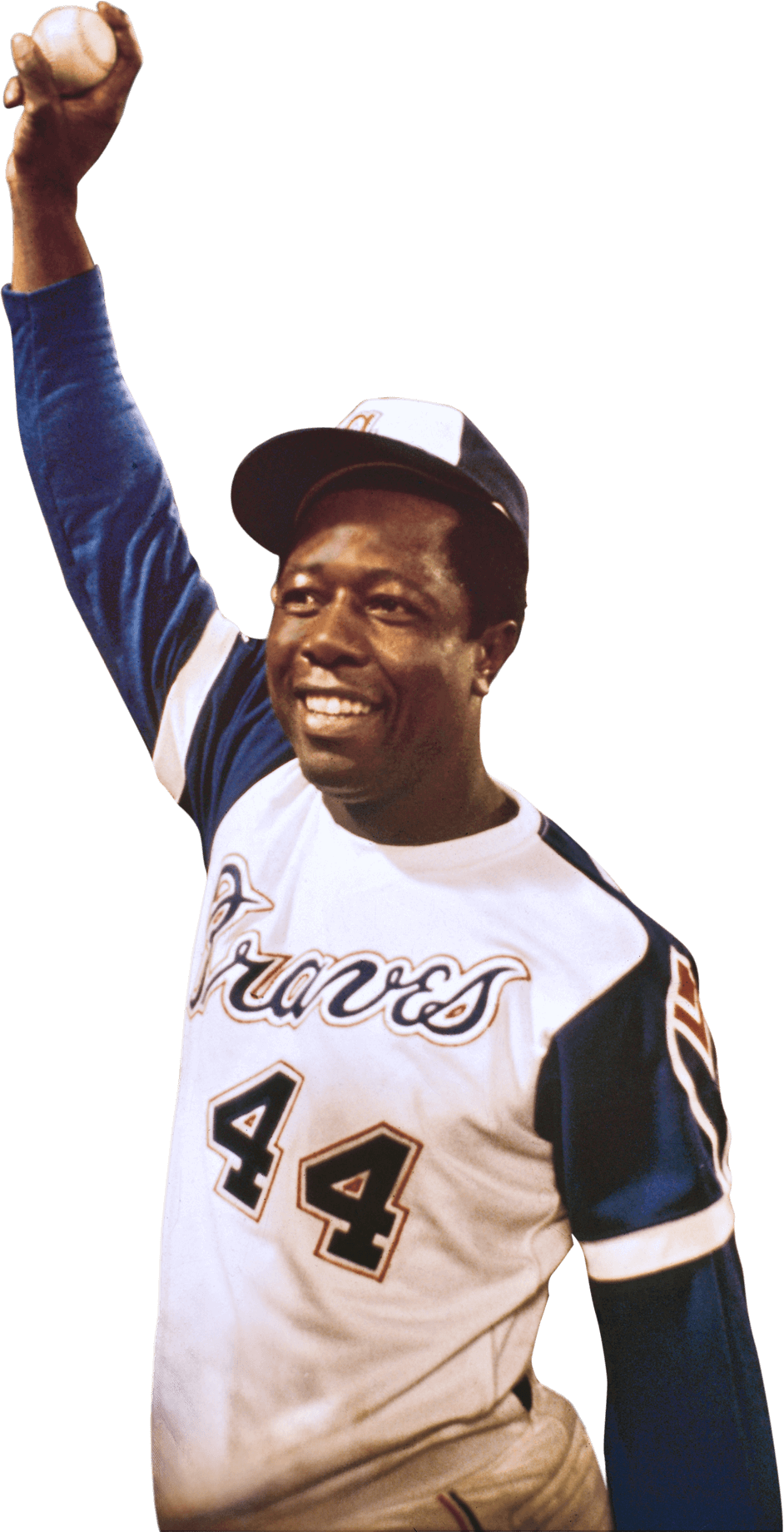 Photo of Hank Aaron holding up a baseball