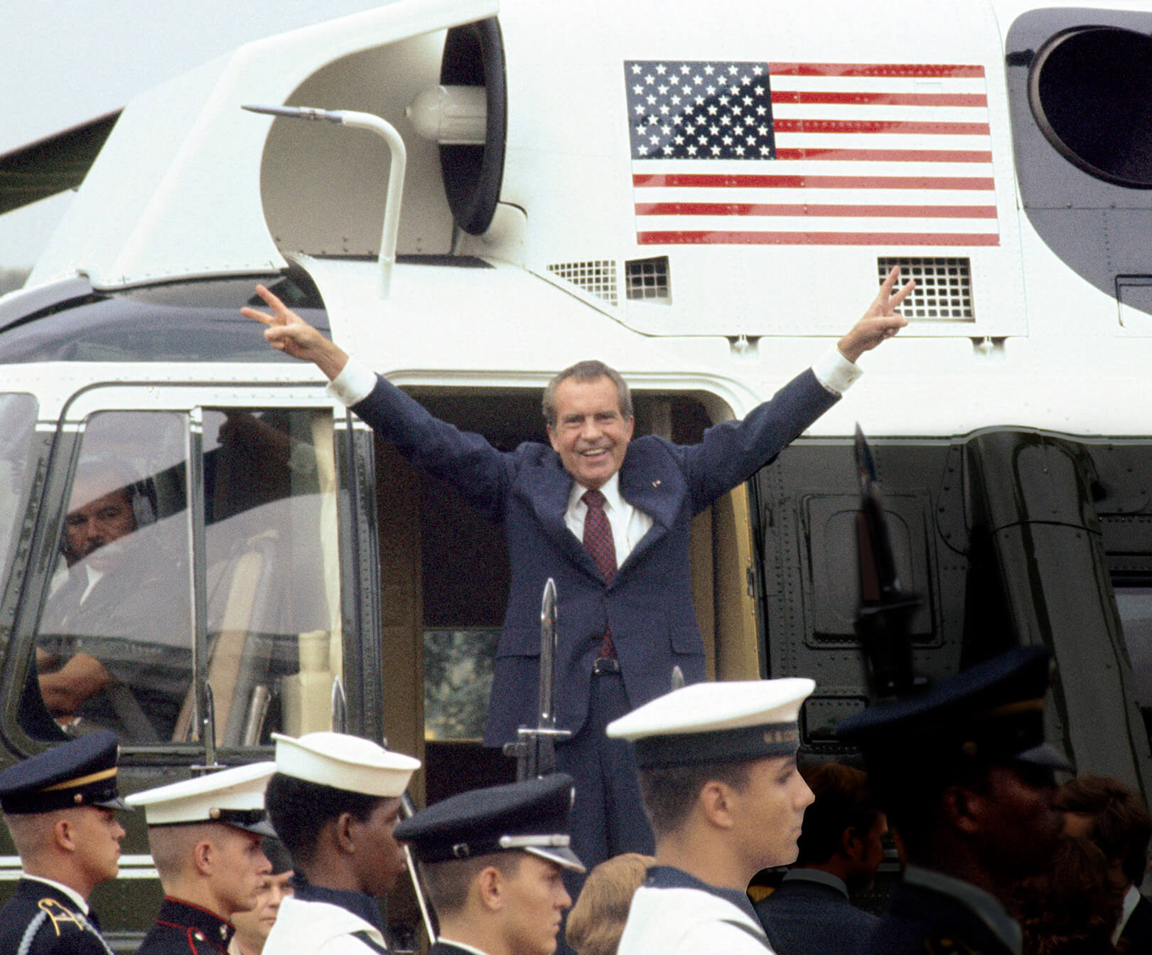 Photo of Richard Nixon as he leaves Washington after his resignation