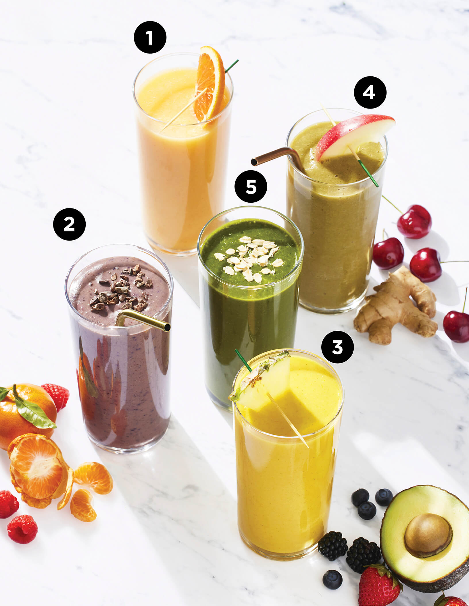 Photo of 5 breakfast smoothies on a table