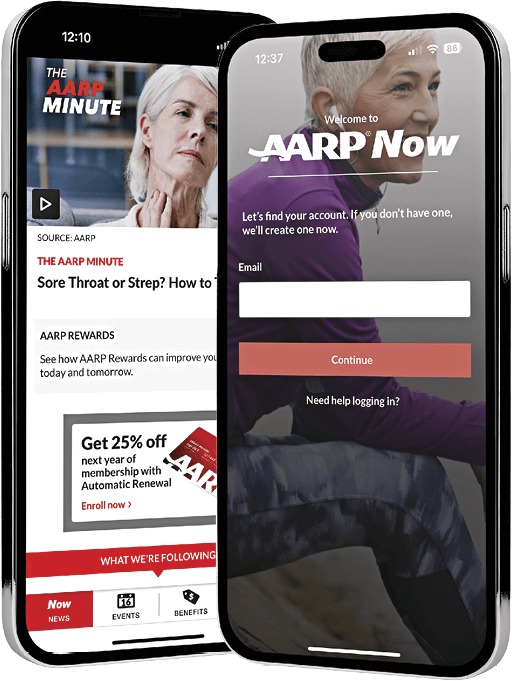 Photo of two smartphones displaying the AARP Now app on their screens