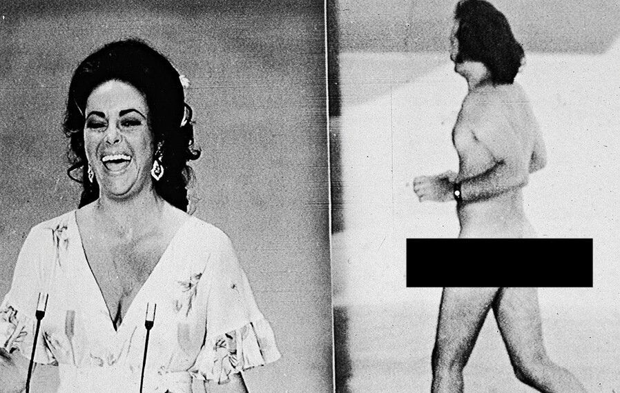 Side-by-side black and white photos of Elizabeth Taylor and the streaker at the 1974 Academy Awards