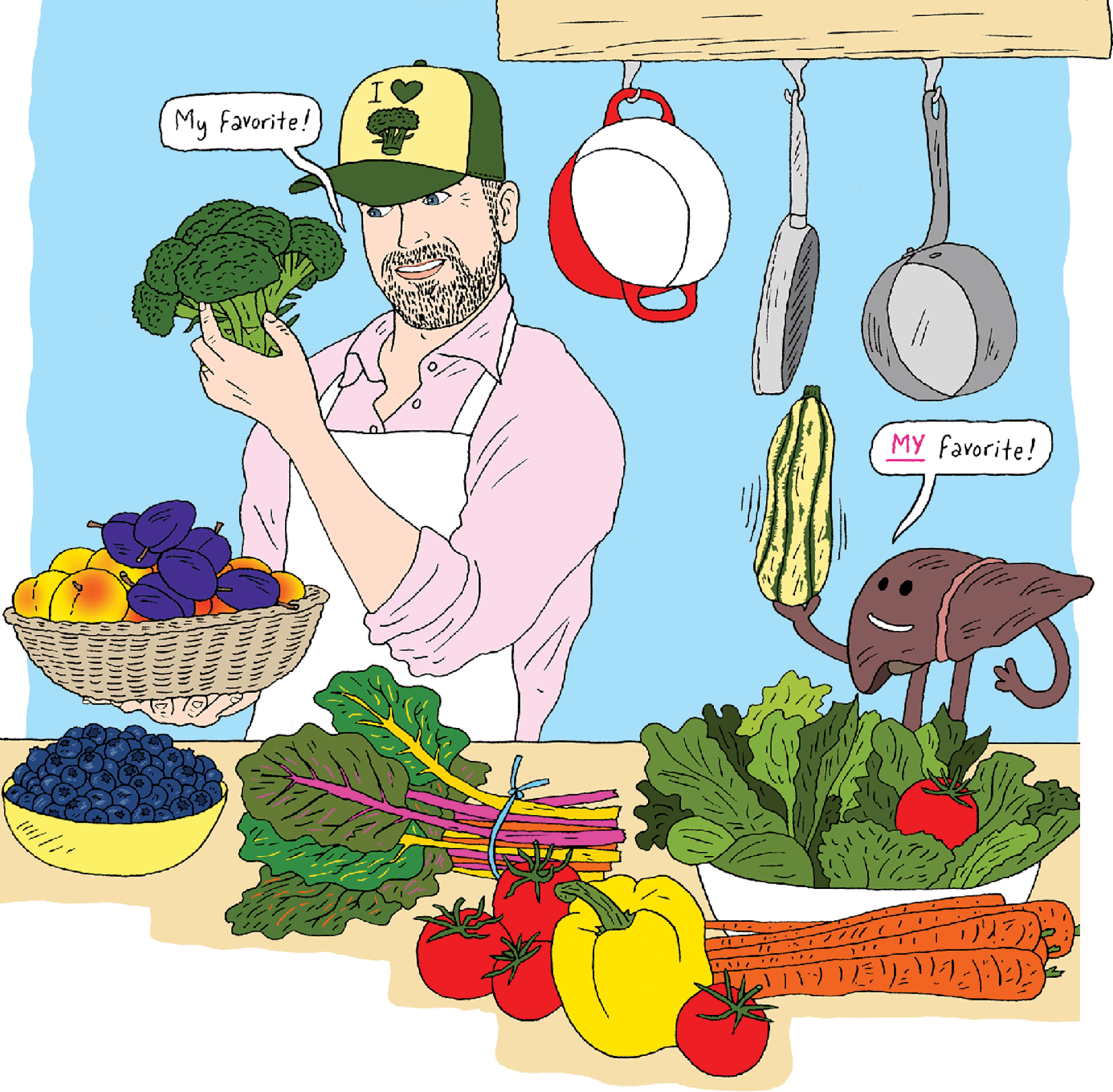 Humorous illustration of a man looking at various healthy vegetables on his kitchen counter