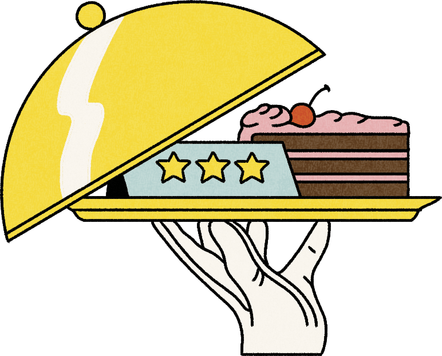 Illustration of a waiter's gloved hand holding a platter displaying a 3-star dessert