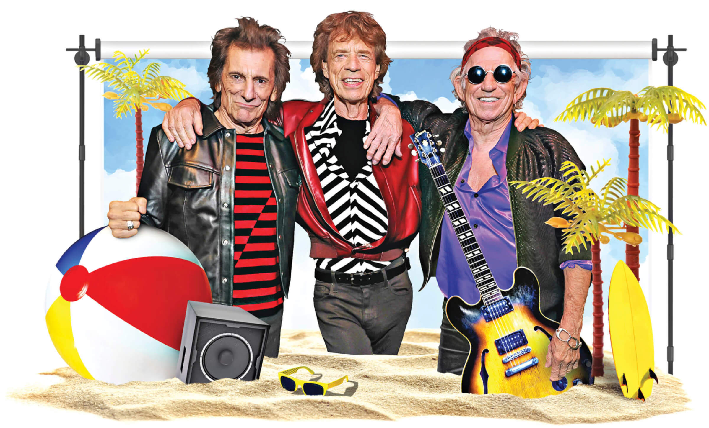 Photo illustration of the Rolling Stones on a beach