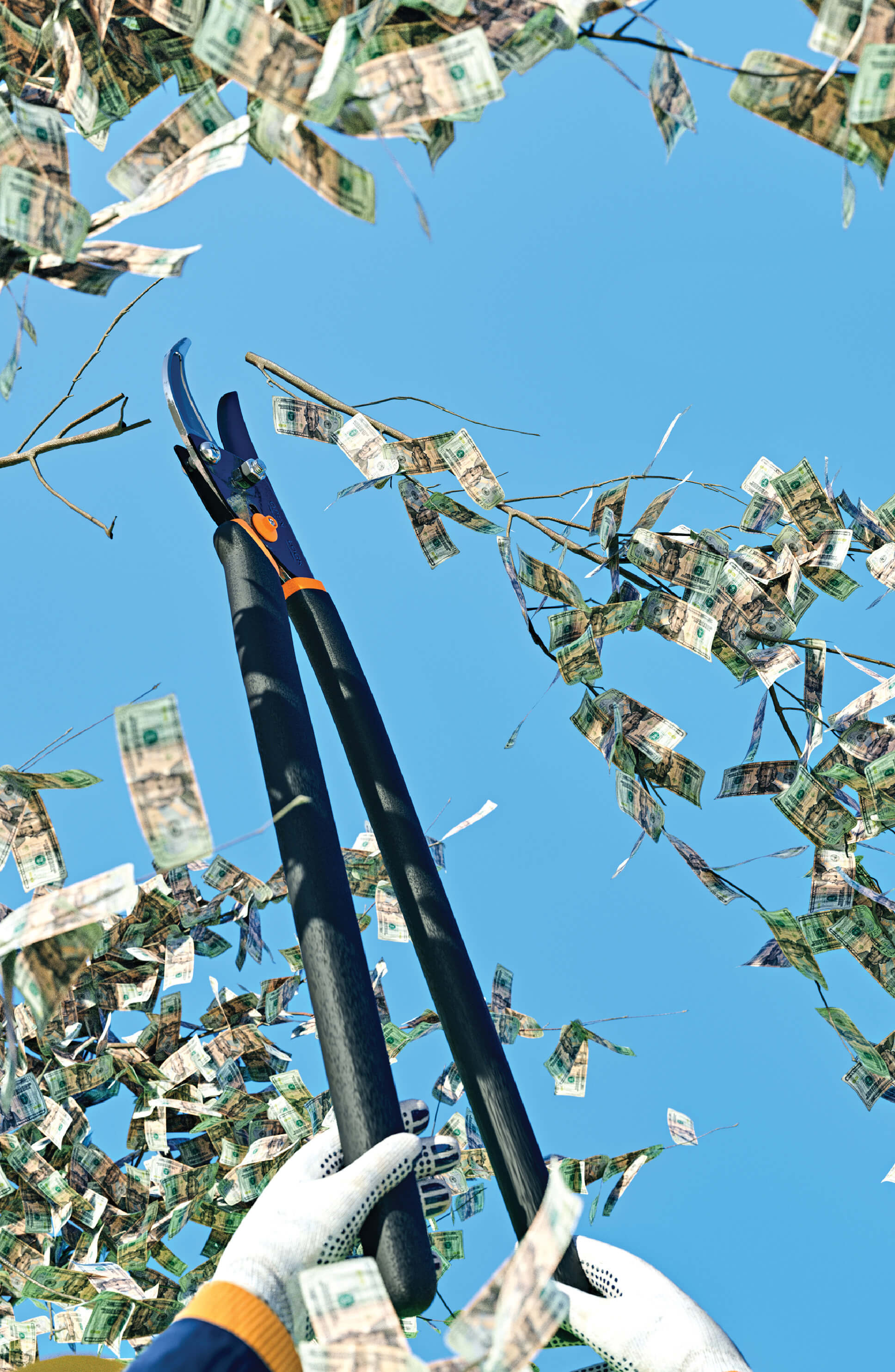 Conceptual photo of a pair of hands clipping branches from a tree growing paper money bills