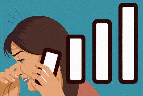 Conceptual illustration of a distressed-looking woman holding her smartphone that's displaying only one bar of a cellular signal