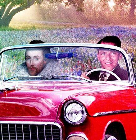 Photo illustration of Shakespeare and Frank Sinatra in a red convertible with a field of purple and white flowers in the background