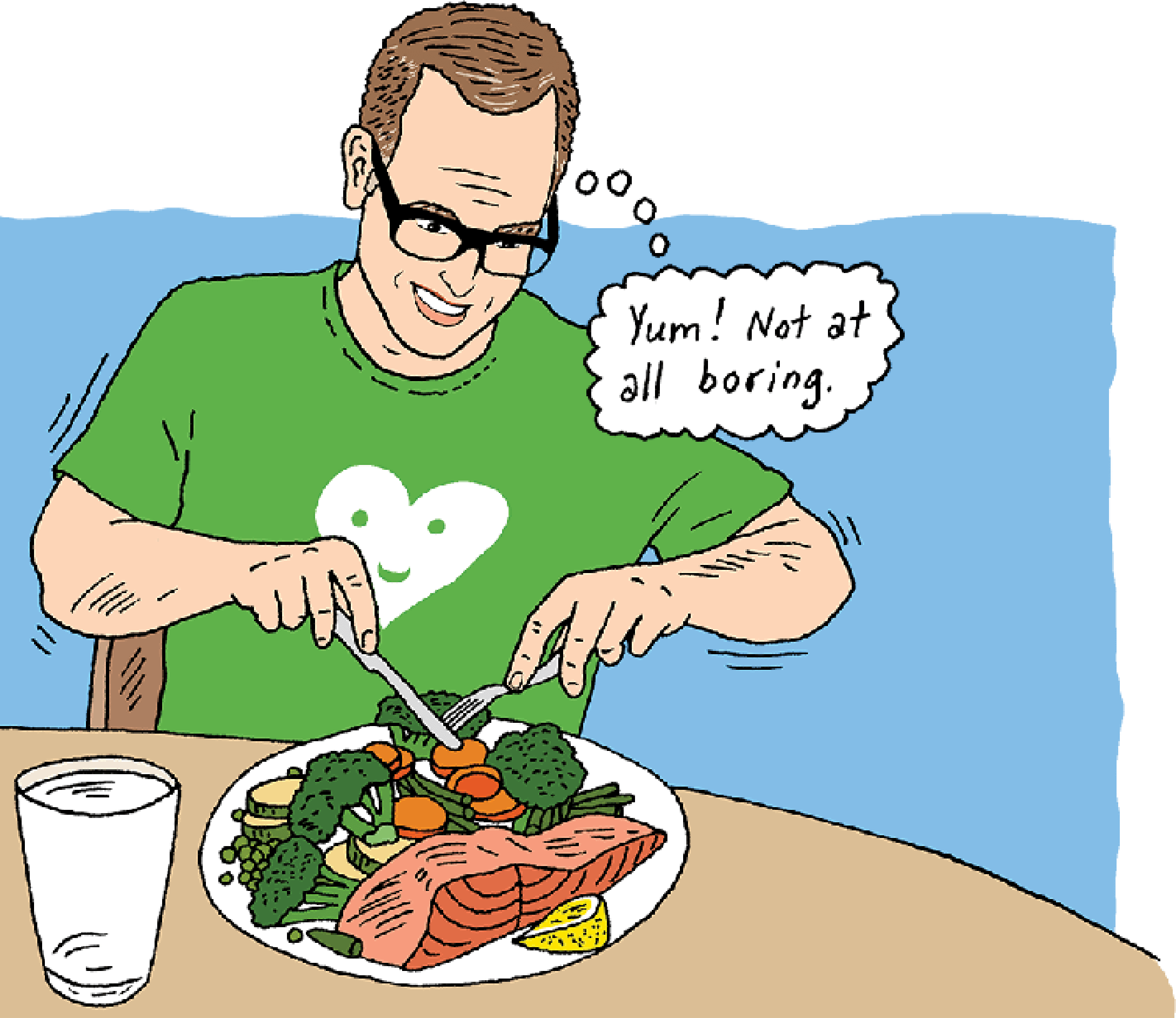 Humorous illustration showing a man eating a healthy meal of vegetables and salmon