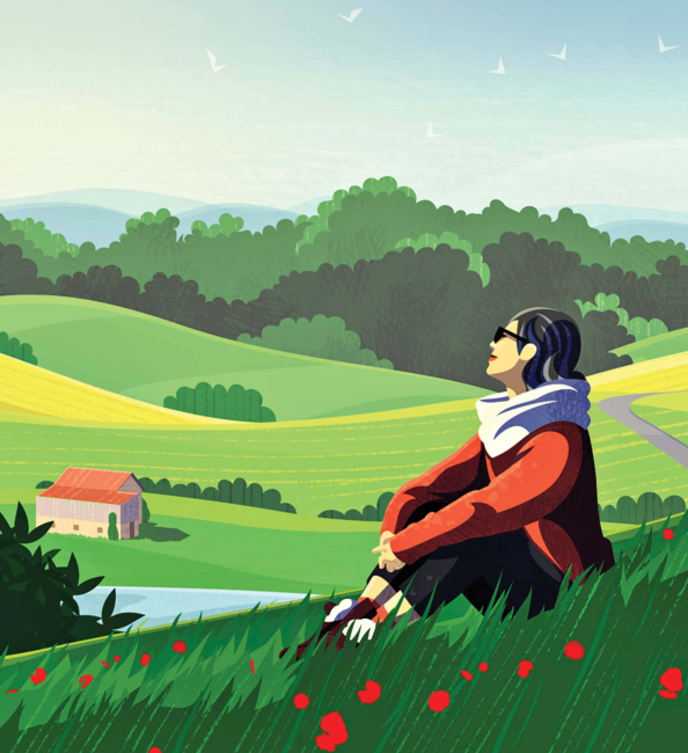 Illustration of a woman relaxing while sitting in the grass as she takes in the view of the verdant pasture below