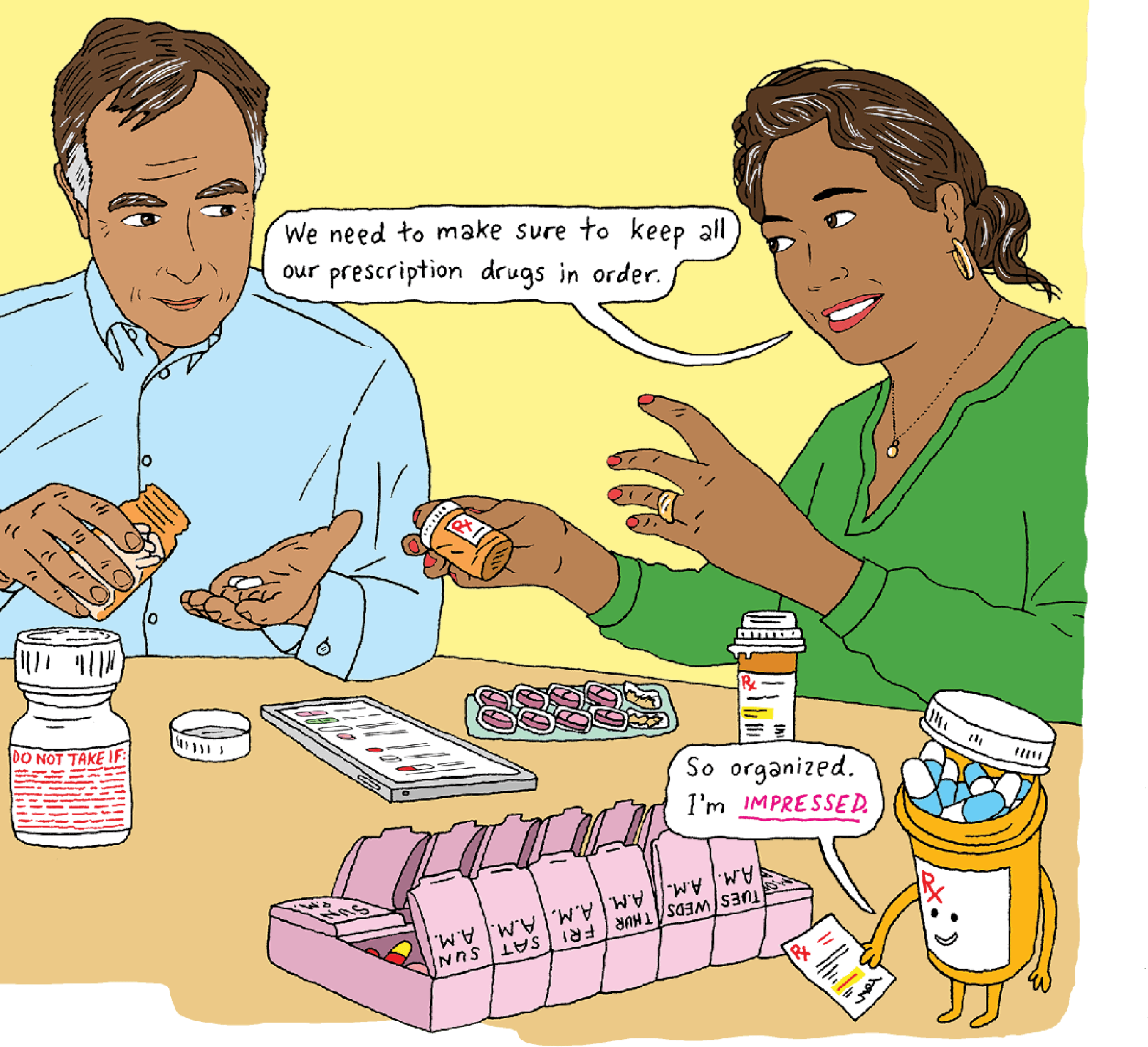 Humorous illustration of two people organizing their prescription medications