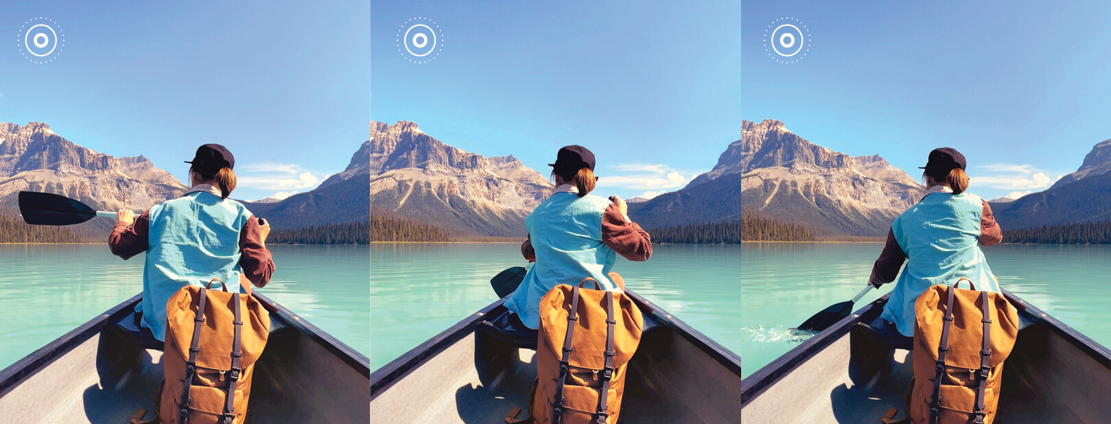 Three side-by-side photos of a person paddling a canoe showing live photo/motion
