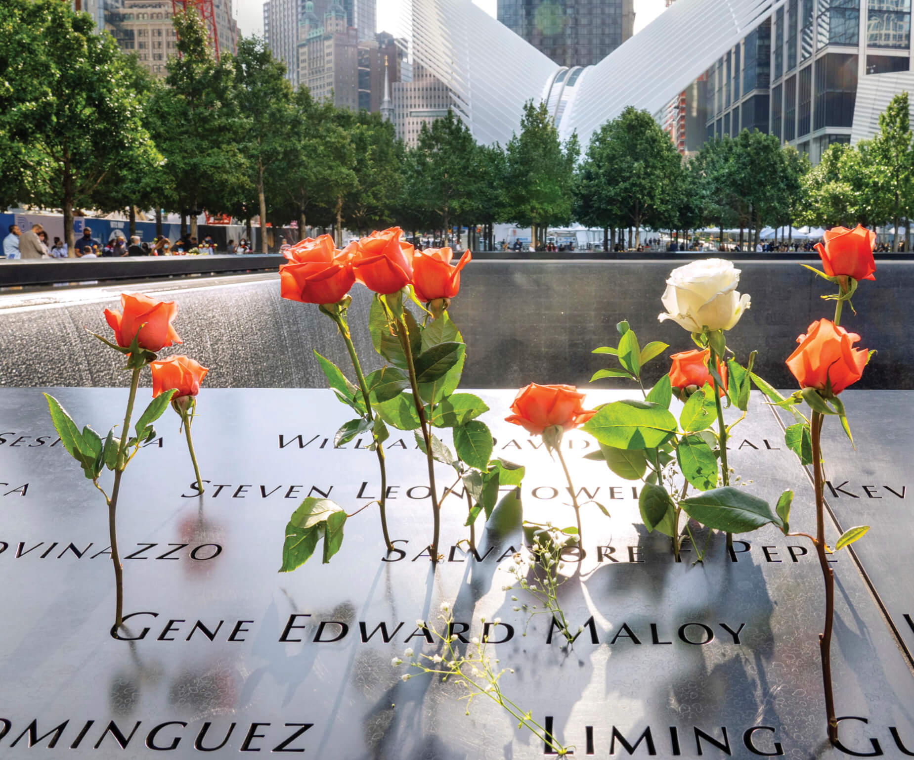 Photo of inscribed names of 9/11 victims at the 9/11 Memorial