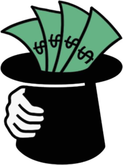 Illustration of a black top hat filled with green paper bills