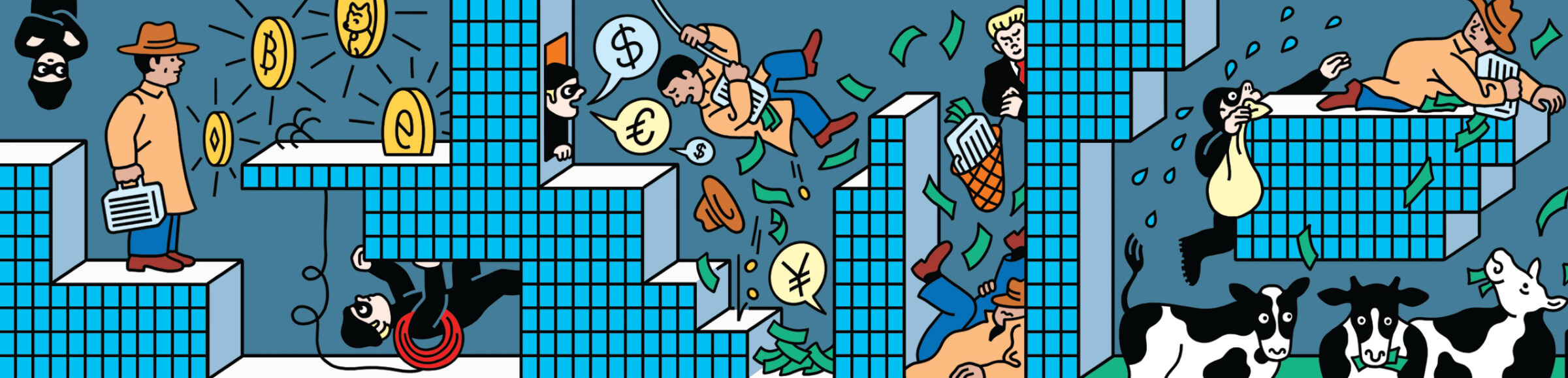 Conceptual illustration showing various investment scams at work