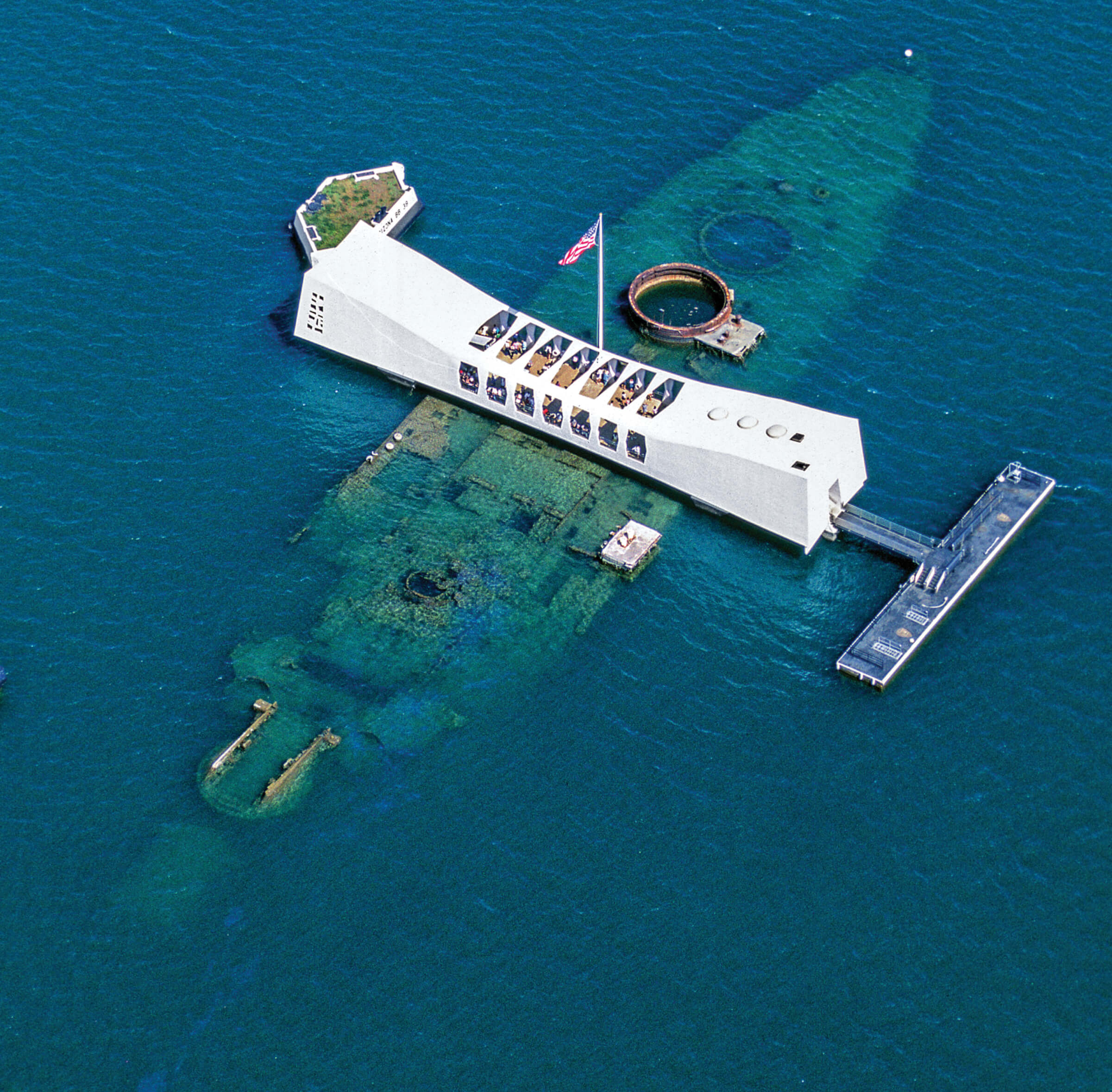 Aerial view photo of the USS Arizona Memorial