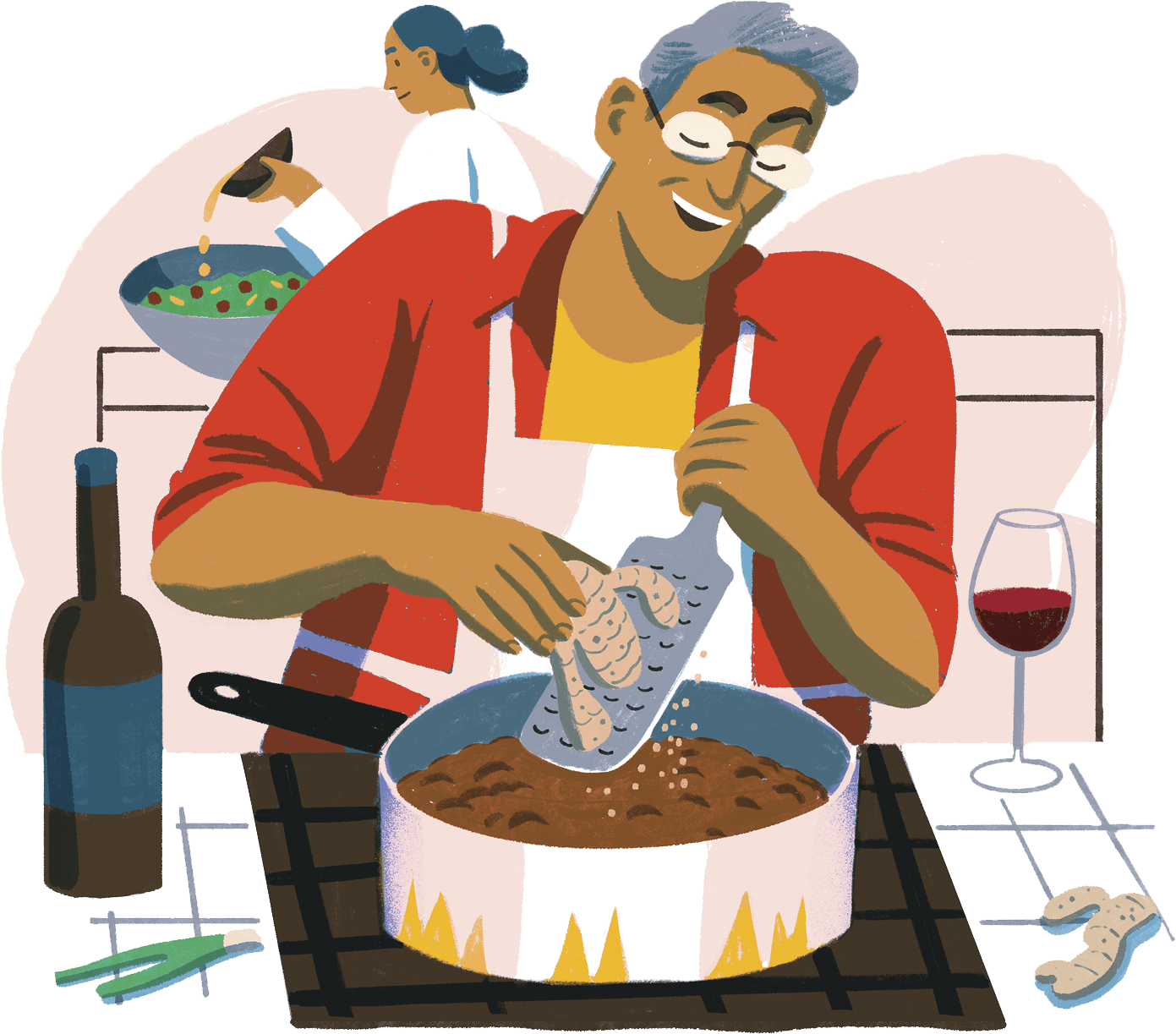 Illustration of a man grating fresh ginger into a large pot