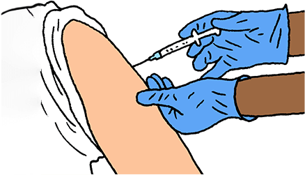 Illustration of a gloved hand administering a vaccine injection in someone's upper arm